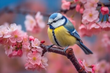 Fototapeta premium Little bird sitting on branch of blossom cherry tree. Generative AI.