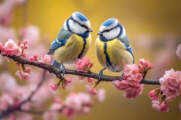 Little birds perching on branch of blossoming cherry tree. Generative AI.