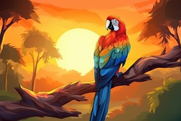 Macaw sitting on a branch. Beautiful colorful parrot. Generative AI.