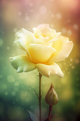 glowing translucent yellow rose on blurred background close up