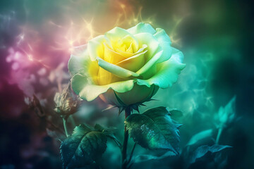 glowing translucent yellow rose in iridescent fog on blurred background close up