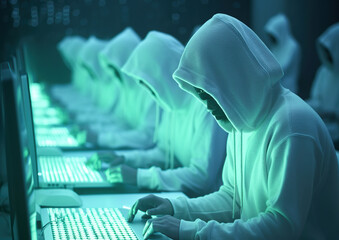 Hackers with hoodies. Hacker group, organization or association Generative AI - obrazy, fototapety, plakaty