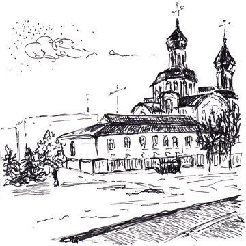 Landscape with orthodox church. Hand drawn sketch with black ballpoint pen on paper texture. Isolated on white. Bitmap
