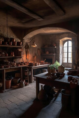 Generative AI illustration of Old Kitchen with dark wood cabinets and sunbeams coming through the window