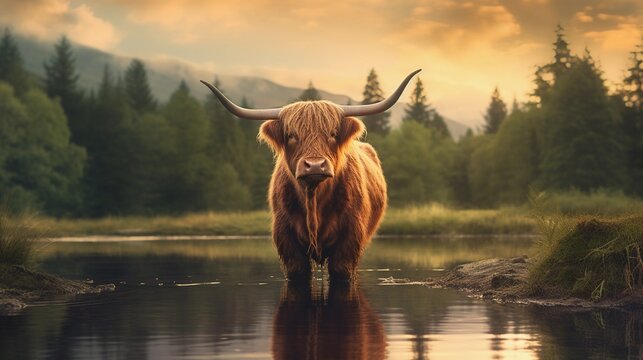 Highland cow in the water