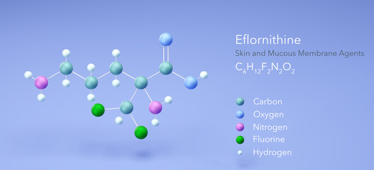eflornithine molecule, molecular structures, Skin and Mucous Membrane Agents, 3d model, Structural Chemical Formula and Atoms with Color Coding