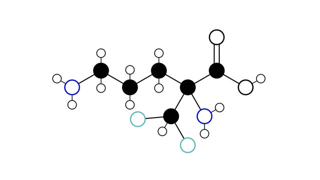 eflornithine molecule, structural chemical formula, ball-and-stick model, isolated image vaniqa