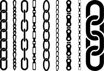 Seamless Chain patterns, different types of Curb, figaro, rope chains for jewelry and clothing accessories on white background.