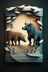ai generated Illustration paper art bull stock market trading chart