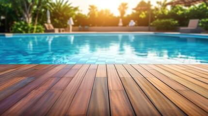Empty wooden surface with summer travel hotel swimming pool background. Empty stage for products or text related to vacation and recreation.