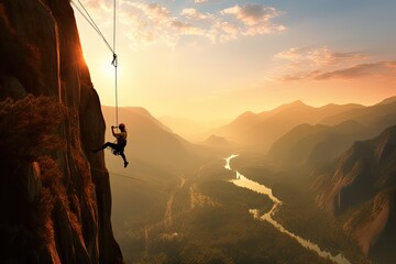 A team of climbers at the top of a high mountain in the light of the setting sun.