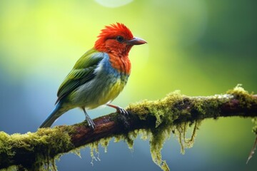 Red-headed barbet (Eubucco bourcierii) male sitting on a branch. Generative AI