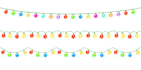 Set of colorful garland, festive decorations. Glowing christmas lights isolated on white