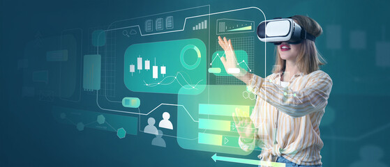 Young woman with VR glasses using virtual screen on color background