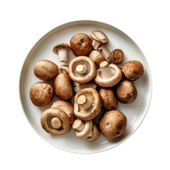 Raw Mushrooms On White Plate, Isolated On Transparent Background, Png. Generative AI