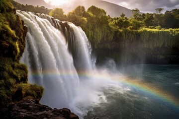 Obraz na płótnie Canvas Majestic combination of a waterfall and a vibrant rainbow. Generative AI