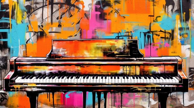 Generative AI, Jazz music street art with piano musical instrument silhouette. Ink colorful graffiti art on a textured wall, canvas background