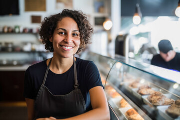 Woman owner in a takeaway food shop. Generative AI.