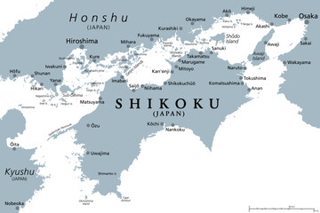 Shikoku, gray political map. Region and smallest of the four main islands of Japan, northeast of Kyushu, and south of Honshu, separated by the Seto Inland Sea. Isolated Illustration over white. Vector