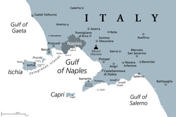 Gulf of Naples, gray political map. Bay of Naples, located along south-western coast of Italy, opening to the Tyrrhenian Sea. Campanian volcanic arc with islands Ischia and Capri, and Mount Vesuvius.
