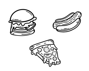 Burger, Hotdog, pizza icon set Outline Simple vector illustration