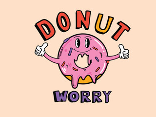 Retro donut cartoon thumbs up character Don't worry illustration red pink yellow purple color, Vector illustration.
