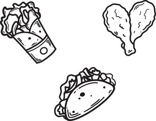 Tacos, Burrito, fried chicken icon set Outline Simple vector illustration