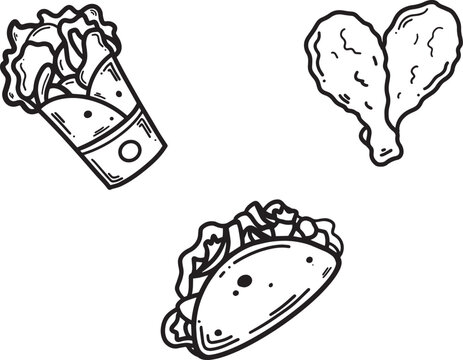 Tacos, Burrito, Fried Chicken Icon Set Outline Simple Vector Illustration