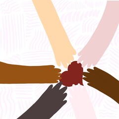 Mani di colori diverse che si uniscono, pace tra le nazioni e i popoli, fratellanza universale, colori diversi della pelle, razzismo, fratellanza, culture, illustrazione simbolo, armonia tra razze