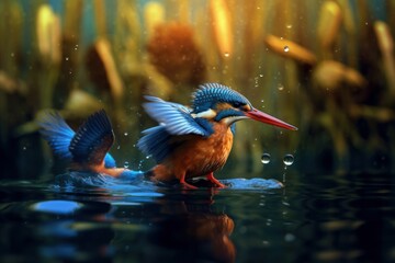 Common kingfisher (Alcedo atthis) in wetlands. Colored birds. Generative AI