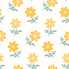 Fototapeta na wymiar Seamless pattern of hand drawn wild doodle flowers on isolated background. Design for mother’s day, Easter, springtime, summertime celebration, scrapbooking, textile, home decor, paper craft.