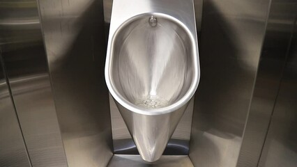 Sanitary metal urinal, toilet bowl in public bathroom with hygienic automatic water saving electronic flush. Urinal with urine sensor. Inductive flush toilet. WC