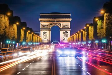 Paris Avenue Champs Elysees car light trails & floodlit Arch de Triumph