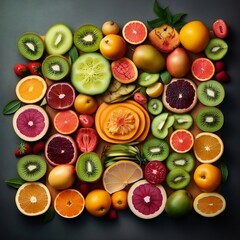 fruits and vegetables on black. Generative AI