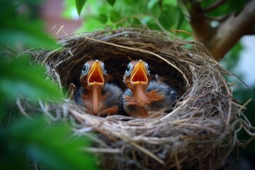 Naklejka na ściany i meble Three hungry baby Robins in a nest wanting the mother bird. Generative AI