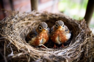 Naklejka na ściany i meble Three hungry baby Robins in a nest wanting the mother bird. Generative AI