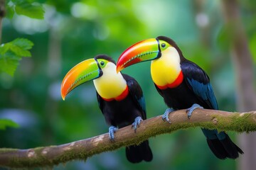Toucan sitting on the branch in the forest green vegetation. Generative AI