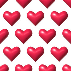 Seamless pattern with red hearts 3d. Shining realistic symbol of love, romantic sign. Vector illustration for wrapping paper, fabric, textile, packaging