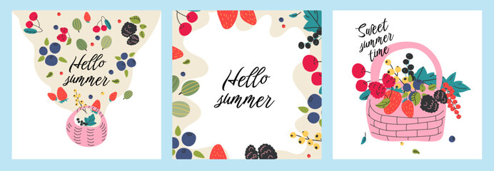 Fototapeta na wymiar Hello Summer.Summer cards with calligraphy lettering, berries, hand drawn illustration. Ideal for greeting cards, banners, posters, covers, invitations and social media or advertising, vector template
