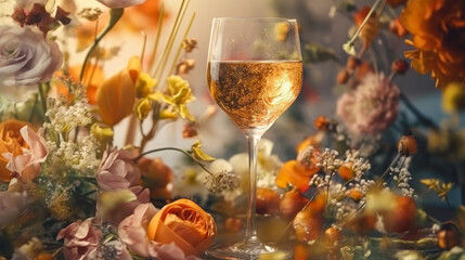 Close-up of full champagne glass in a studio setting with epic wild flowers