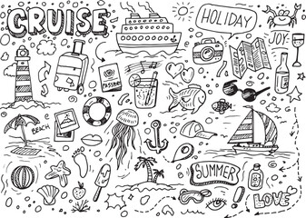 Doodles illustration with cruise, travel and holidays elements, vector hand drawing on white paper