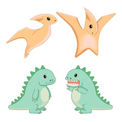 Set of flat, childish, cartoon style image of funny, cute talking tyrannosaurus rex and pterodactyl