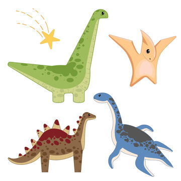 Set of flat, childish, cartoon style image of funny, cute talking tyrannosaurus rex, plesiosaur  and pterodactyl
