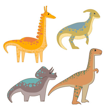 Set of flat, childish, cartoon style image of funny, cute talking tyrannosaurus rex, triceratops  and parasaurolophus