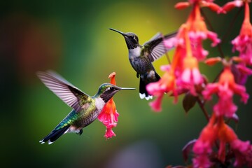 Fototapeta na wymiar Two hummingbirds with pink flower. Generative AI
