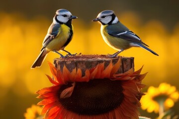 Obraz premium Two little birds perching on the tree stump with sunflower. Generative AI