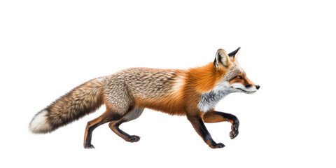  a Beautiful Red Fox, walking/trotting, sly and crafty, fluffy, Wildlife-themed, photorealistic illustrations in a PNG, cutout, and isolated. Generative AI