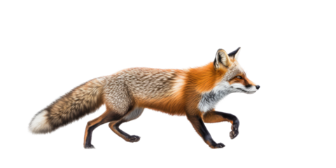 a Beautiful Red Fox, walking/trotting, sly and crafty, fluffy, Wildlife-themed, photorealistic illustrations in a PNG, cutout, and isolated. Generative AI