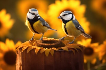 Two little birds perching on the tree stump with sunflower. Generative AI