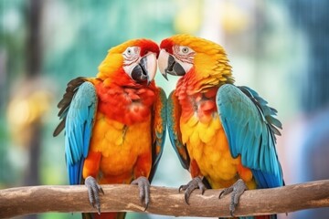 Obraz premium Two vivid and colorful Ara Parrot birds sitting together. Generative AI